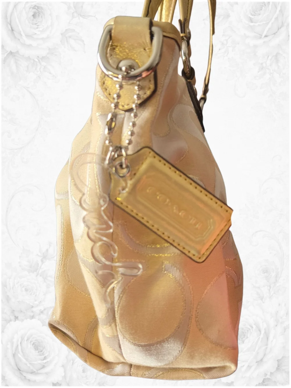 Coach Poppy Glam Signature Gold C Tote Metallic Shoulder Bag With Charms